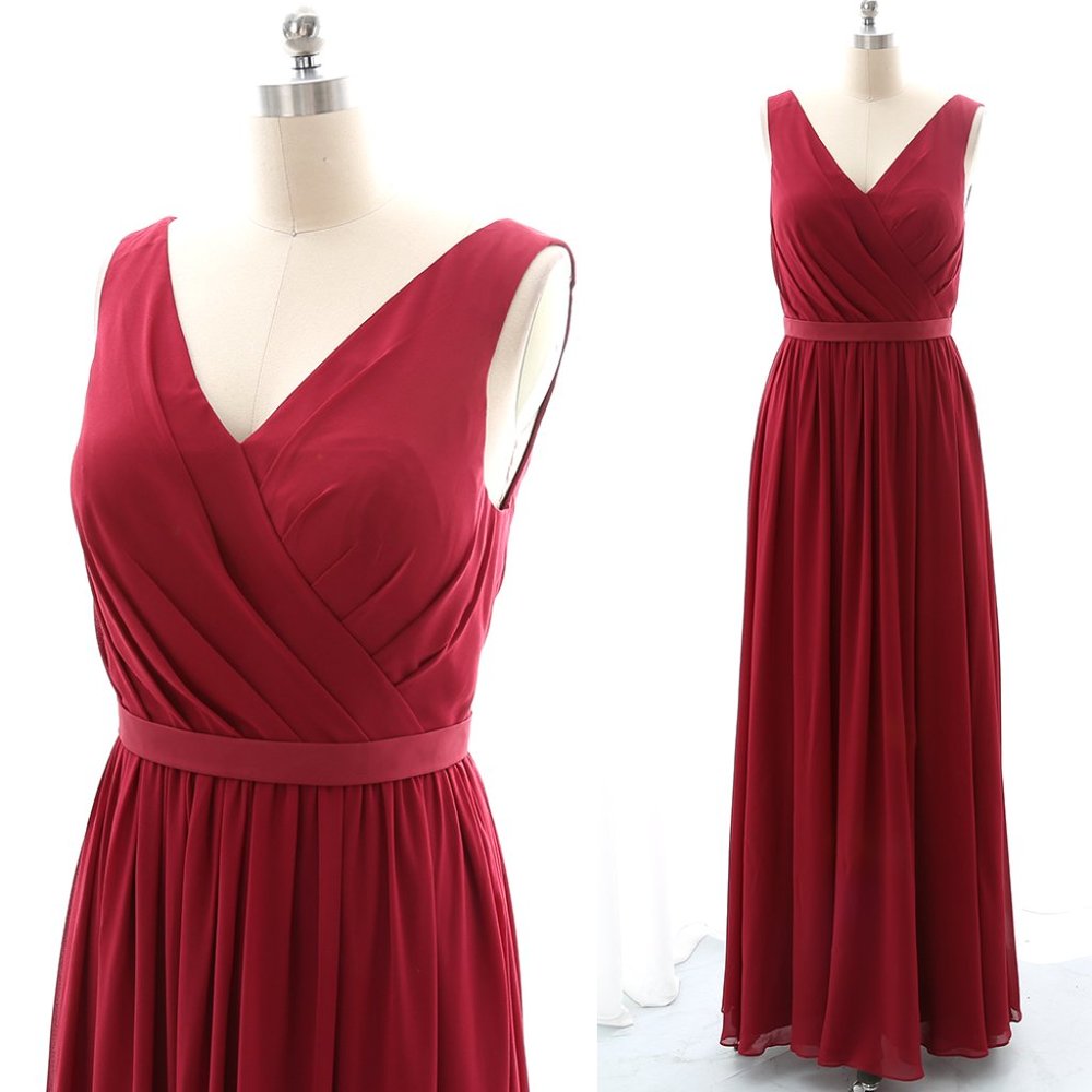 AW Bridal Burgundy V Neck Long Bridesmaid Dress Formal Evening Gown